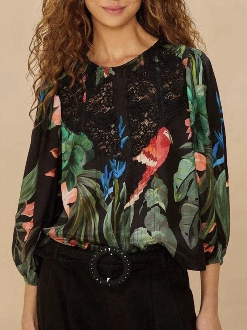 FARM Rio Midnight Macaw Fiesta Black Blouse with Lace Detail Tropical Top - Picture 3 of 10